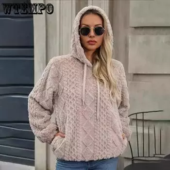 Осенне-зимняя женская плюшевая толстовка с длинным рукавом и капюшоном, свободная, с короткими секциями, куртка, домашняя одежда, пижама M чёрный