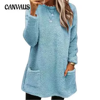 Осенне-зимняя женская плюшевая толстовка с карманом и длинным рукавом