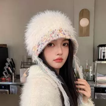 Осенне-зимняя женская плюшевая защитная шапка для ушей из шерсти, теплая вязаная шапка, защищающая от холода кофейный