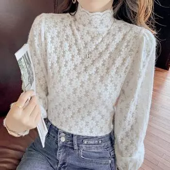 Осенне-зимняя женская полая кружевная рубашка с длинным рукавом и высоким воротником M