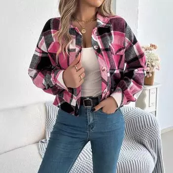 Осенне-зимняя женская повседневная клетчатая твидовая куртка с длинными рукавами и ложными карманами S абрикосовый