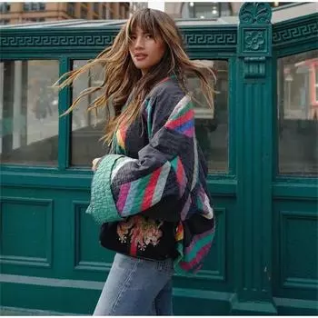 Осенне-зимняя женская повседневная куртка с принтом, большой размер, универсальный воротник-поло, кардиган, сшитое хлопковое пальто S