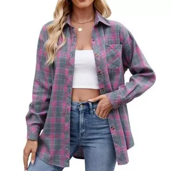 Осенне-зимняя женская повседневная модная рубашка в клетку Spicy Girl Loose Plaid Shirt для женщин S тёмно-синий