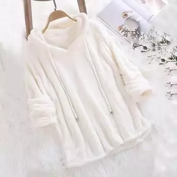 Осенне-зимняя женская повседневная однотонная плюшевая толстовка с длинными рукавами и капюшоном XXXXXL белый