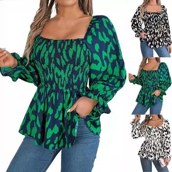 Осенне-зимняя женская повседневная рубашка из шифона с длинными рукавами и леопардовым принтом, квадратным воротником и оборками L армия зеленый