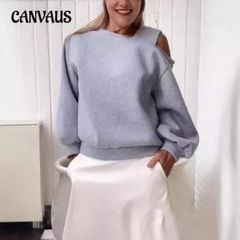 Осенне-зимняя женская повседневная свободная толстовка без бретелек с длинными рукавами и подкладкой S белый