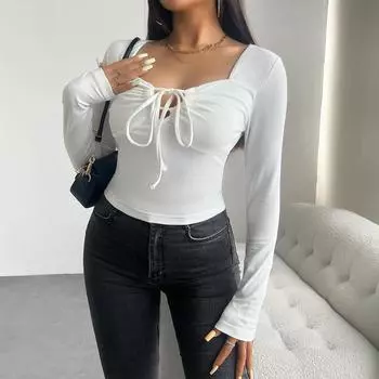 Осенне-зимняя женская повседневная трикотажная футболка со шнуровкой и длинными рукавами S белый