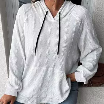 Осенне-зимняя женская повседневная жаккардовая толстовка с капюшоном и длинными рукавами большого размера на шнуровке XXXL белый