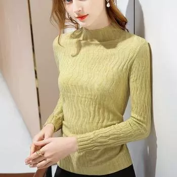 Осенне-зимняя женская рубашка-основа с полувысоким воротом, облегающий топ-пуловер, женская плиссированная трикотажная рубашка S чёрный