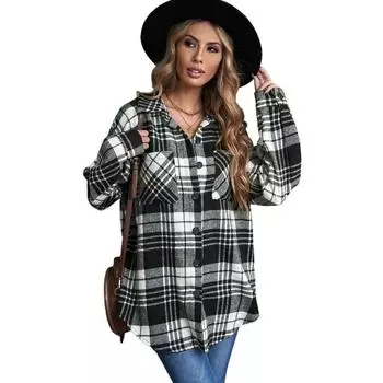 Осенне-зимняя женская рубашка-рубашка в клетку, однобортная рубашка с лацканами, свободный твидовый пиджак в клетку S чёрный