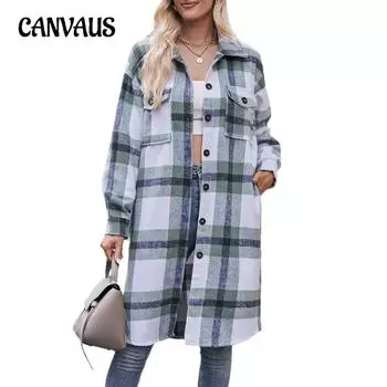 Осенне-зимняя женская рубашка с длинными рукавами, повседневная рубашка в клетку с лицевой тканью, длинная куртка S зелёный