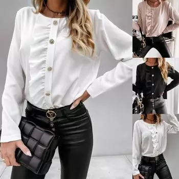 Осенне-зимняя женская рубашка с длинными рукавами и круглым вырезом, застегивающаяся на пуговицы и оборками S белый