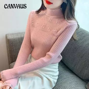 Осенне-зимняя женская рубашка-свитер, нижняя рубашка с полувысоким воротником, ажурная трикотажная нижняя рубашка, тонкая универсальная блузка с длинными рукавами One Size розовый