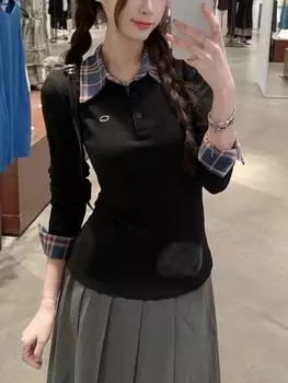 Осенне-зимняя женская рубашка в клетку из двух частей с контрастным низом, узкий свитер с воротником поло, футболка с длинным рукавом, повседневные топы S чёрный