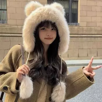 Осенне-зимняя женская шапка 2023 года, новая плюшевая шапка с милыми белыми пушистыми ушками медведя, теплая шапка Lei Feng M56-59cm