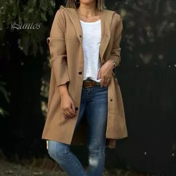 Осенне-зимняя женская шерстяная куртка с капюшоном, средней длины, с украшением в виде кольца на спине, однобортная, с длинными рукавами, однотонная, для ежедневных поездок на работу, пальто L красный