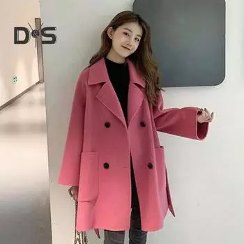 Осенне-зимняя женская шерстяная куртка, толстая свободная куртка с отложным воротником, двубортная куртка средней длины в корейском стиле, верхняя одежда на каждый день S розы красного