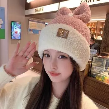 Осенне-зимняя женская шерстяная шапка теплая вязаная шапка плюшевая милая новая шапка универсальная плюшевая холодная шапка модная и повседневная one size fits all бежевый