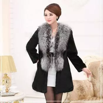 Осенне-зимняя женская шуба из искусственного меха, новая, норковая шуба средней и длинной длины, воротник из лисьего меха, цельная норковая шуба большого размера, теплая S чёрный