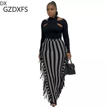 Осенне-зимняя женская симпатичная полосатая юбка с бахромой с принтом с обеих сторон S