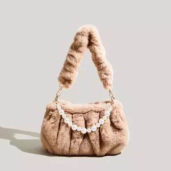 Осенне-зимняя женская сумка через плечо с жемчугом и бусинами, однотонная женская плюшевая сумка на одно плечо, корейская модная классическая женская сумка (20cm<Max Length<30cm)