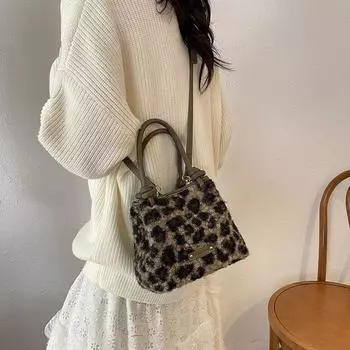 Осенне-зимняя женская сумка из пушистой овчины, новая нишевая сумка-мессенджер с леопардовым принтом, симпатичная переносная сумка-ведро