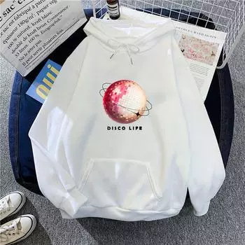 Осенне-зимняя женская свободная флисовая толстовка с капюшоном для женщин с принтом и длинными рукавами, пуловер с капюшоном, топ S белый