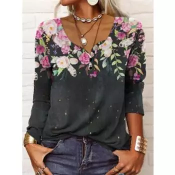 Осенне-зимняя женская свободная футболка с длинными рукавами и V-образным вырезом для женщин S