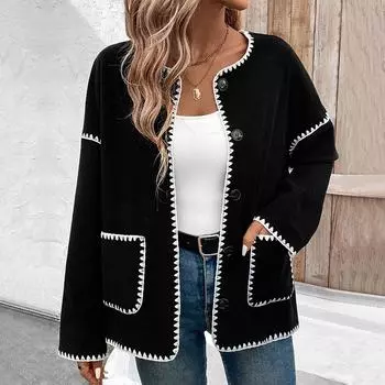 Осенне-зимняя женская свободная куртка-рокер в стиле колор-блок S чёрный