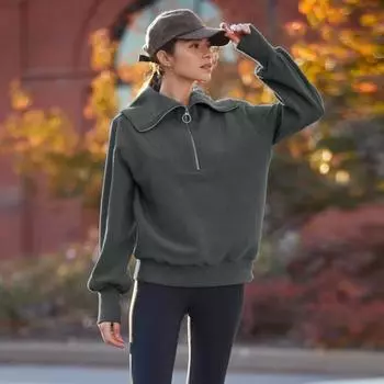 Осенне-зимняя женская свободная однотонная толстовка с полумолнией и лацканами S чёрный