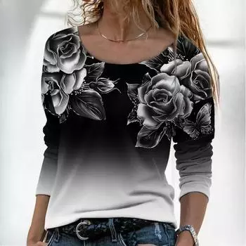 Осенне-зимняя женская свободная повседневная футболка с длинным рукавом и круглым вырезом с принтом S чёрный