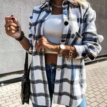 Осенне-зимняя женская свободная повседневная рубашка в клетку с длинным рукавом в стиле ретро S белый