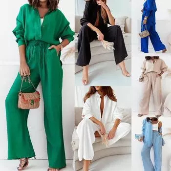 Осенне-зимняя женская свободная рубашка с длинными рукавами + широкие брюки, повседневный костюм S белый