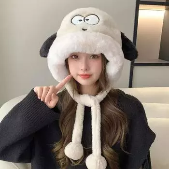 Осенне-зимняя женская теплая флисовая шапка с ушами, универсальная, утолщенная, для езды на велосипеде, для щенков, с большой окружностью головы, с защитой от холода, с защитой от ударов молнии белый