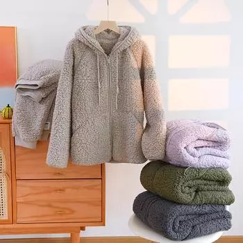 Осенне-зимняя женская теплая мягкая парная пижама из кораллового флиса, комплект из 2 предметов, домашний костюм, повседневная пижама с капюшоном, ночная одежда M