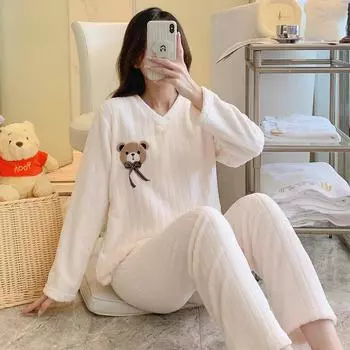Осенне-зимняя женская теплая пижама, домашний комплект, полотенце для лица, милый медведь, для девочек, для отдыха, для студентов, домашняя теплая пижама, домашний комплект XL белый