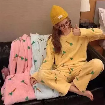 Осенне-зимняя женская теплая пижама, комплект домашней одежды, коралловый бархат, морковная пижама, женская повседневная утепленная теплая домашняя одежда 40-70kg розовый