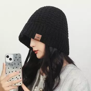 Осенне-зимняя женская теплая шерстяная шапка с защитой ушей, вязаная шапка-панама чёрный