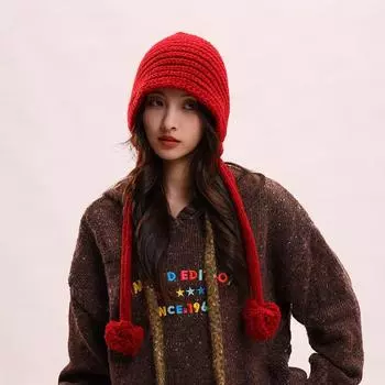 Осенне-зимняя женская теплая шерстяная вязаная шапка с шариками, милая и бархатная защита шеи и ушей, шерстяная шапка Баотоу one size пурпурно красный