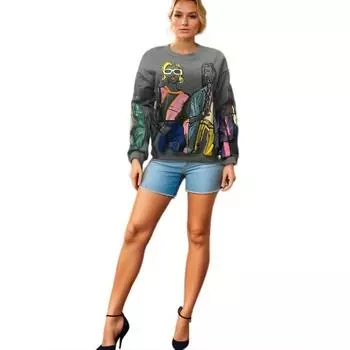 Осенне-зимняя женская теплая утепленная без капюшона круглая горловина свободная спортивная толстовка с принтом S серый