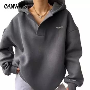 Осенне-зимняя женская толстовка больших размеров с капюшоном и принтом, с длинными рукавами, флисовая толстовка с V-образным вырезом S темно-серого