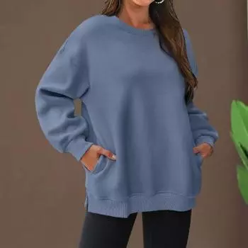 Осенне-зимняя женская толстовка из утолщенного плюша с круглым вырезом, однотонная, свободная, с разрезами по низу, с карманами, пуловер средней длины, теплая спортивная повседневная одежда, топ L зелёный