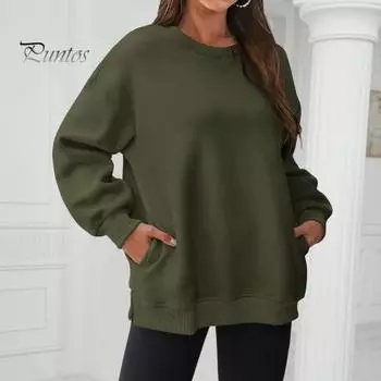 Осенне-зимняя женская толстовка из утолщенного плюша с круглым вырезом, однотонная, свободная, с разрезами по низу, с карманами, пуловер средней длины, теплая спортивная повседневная одежда, топ S светло-серый