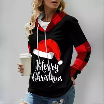 Осенне-зимняя женская толстовка с капюшоном и воротником-стойкой с изображением Деда Мороза и Снеговика S чёрный