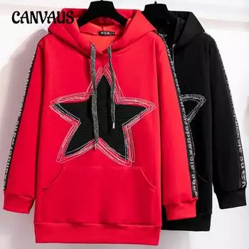 Осенне-зимняя женская толстовка с капюшоном и узором в виде ромба и пентаграммы больших размеров, свободная утепленная куртка с длинными рукавами XL чёрный