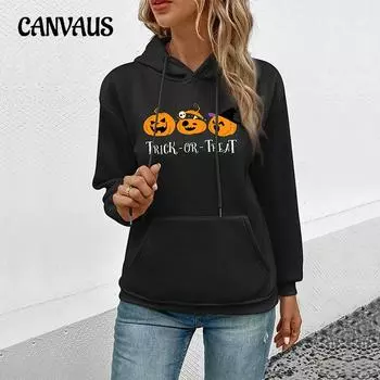 Осенне-зимняя женская толстовка с капюшоном, повседневный пуловер с тыквой на Хэллоуин, топ с длинными рукавами S чёрный