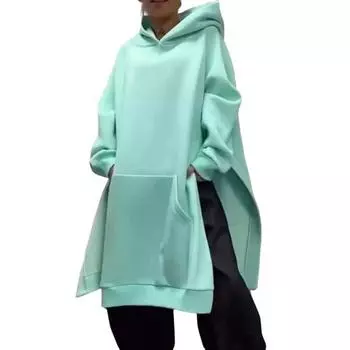 Осенне-зимняя женская толстовка с капюшоном, разрезом по низу, средней длины, с капюшоном, свободная, плотная, теплая, с длинными рукавами, большим карманом, повседневная толстовка с капюшоном S озеро синий