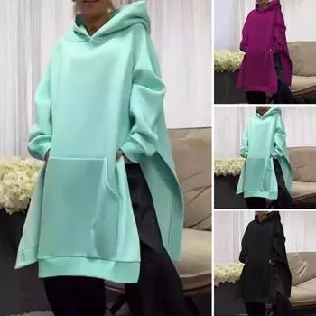 Осенне-зимняя женская толстовка с капюшоном, разрезом по низу, средней длины, с капюшоном, свободная, плотная, теплая, с длинными рукавами, большим карманом, повседневная толстовка с капюшоном S пурпурно красный