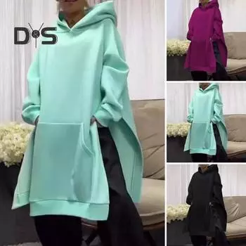 Осенне-зимняя женская толстовка с капюшоном, разрезом по низу, средней длины, с капюшоном, свободная, плотная, теплая, с длинными рукавами, большим карманом, повседневная толстовка с капюшоном S пурпурно красный