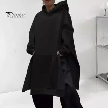 Осенне-зимняя женская толстовка с капюшоном, разрезом по низу, средней длины, с капюшоном, свободная, плотная, теплая, с длинными рукавами, большим карманом, повседневная толстовка с капюшоном S пурпурно красный